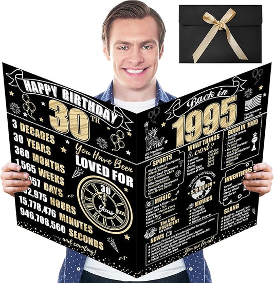 Large 30th Birthday Gift Card With Envelope for Men Women, 1995 Black Gold Happy 30th Birthday Giant Guest Signature Book Gifts, Big Vintage Thirty Greeting Card Decoration Party Supply
