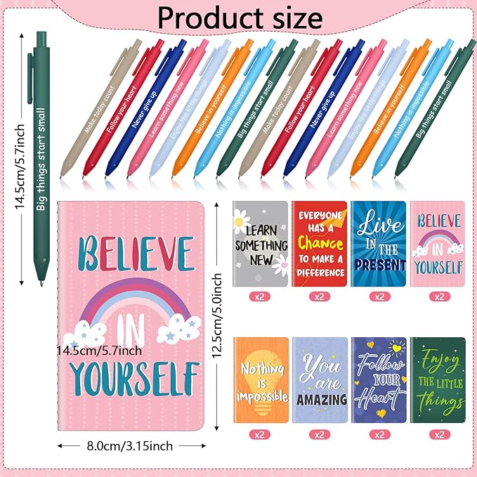 Funrous 32 Pcs Motivational Quote Pens Inspirational Notepads Mini Journal with Ballpoint Pen Small Notebooks Gift Set for Men Women Coworkers, Adult Party Favors Prizes Gift Bulk(Vibrant)