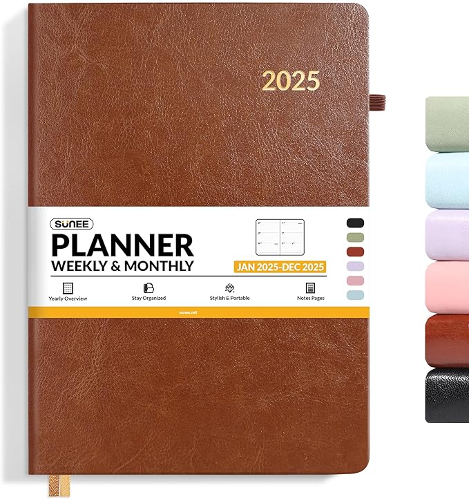 SUNEE 2025 Weekly & Monthly Hardcover Planner 8" x 11" - 12 Month (January 2025 - December 2025), Small Hardcover Planner, Pocket, Notes, 100 GSM Paper, Brown