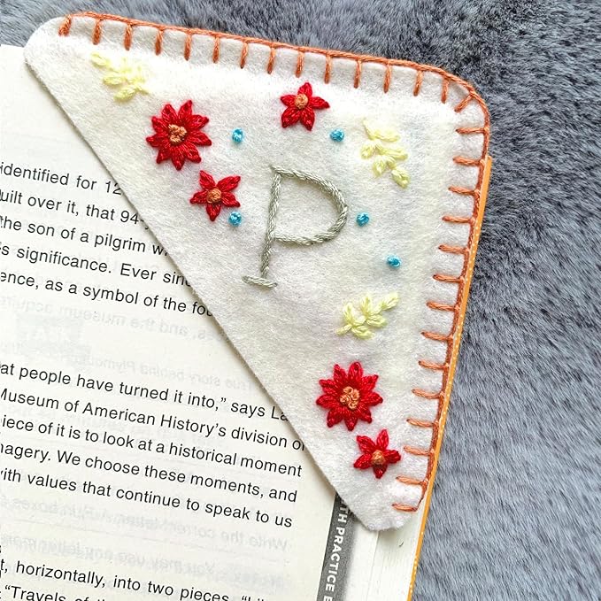 Personalized Hand Embroidered Corner Bookmark, Bookmarks for Women, Personalized Bookmark for Books, Cute Flower Book Mark, Hand Stitch Gift for Women for Book Lovers by HNQCPCVU (P, White)