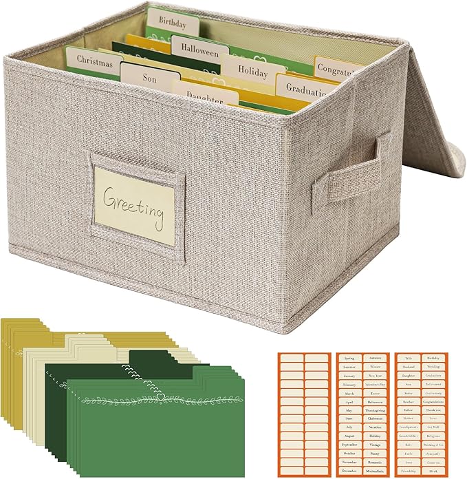 Vienrose Greeting Card Organizer Storage Box with 20 Removable Dividers, 84 Self-stick Labels, Perfect for Photos, Envelopes, Scrapbooking, Paper, Stickers Holder 1 Pack Beige