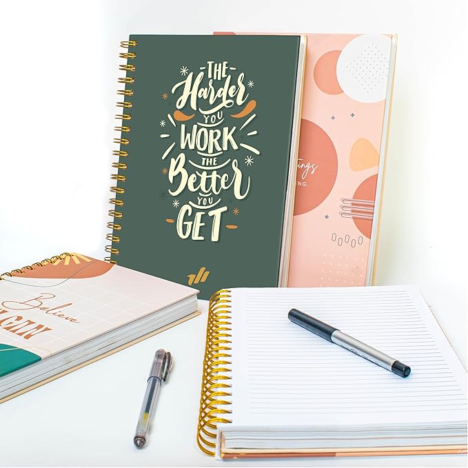 Spiral Notebook - 10.25" x 7.25" Spiral Journal Notebooks College Rule, Cute Notebook Journal for Note Taking Women Writing School, Notebooks for Work, 100 GSM, 300 Pages (Work Hard)