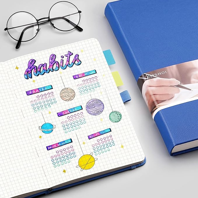 EMSHOI Graph Paper Notebook - 256 Pages A5 Graph Notebook/Journal, Square Grid Notebooks for Work, 120gsm Thick Paper, Executive Hardcover Leather, Inner Pocket, Pen Loop 5.75'' × 8.38''-Blue