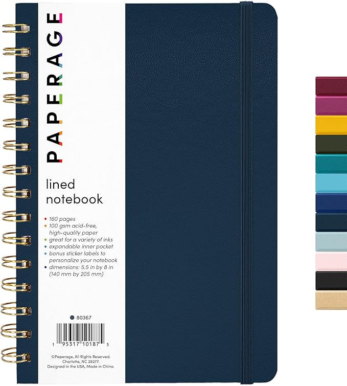 PAPERAGE Lined Spiral Journal Notebook, (Navy), 160 Pages, Medium 5.5 inches x 8 inches - 100 GSM Thick Paper, Hardcover, Double-Wire Spiral Journal & Notebook