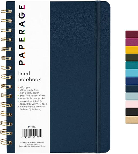 PAPERAGE Lined Spiral Journal Notebook, (Navy), 160 Pages, Medium 5.5 inches x 8 inches - 100 GSM Thick Paper, Hardcover, Double-Wire Spiral Journal & Notebook