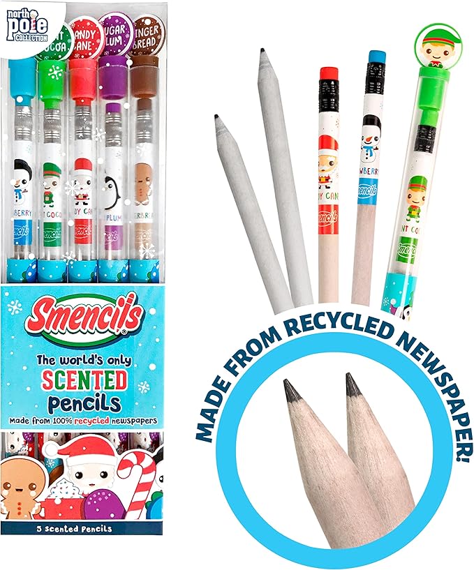 Holiday Smencils - HB #2 Patented Gourmet Scented Fun Pencils, 5 Count - Stocking Stuffer, Gifts for Kids, School Supplies, Party Favors, Classroom Rewards