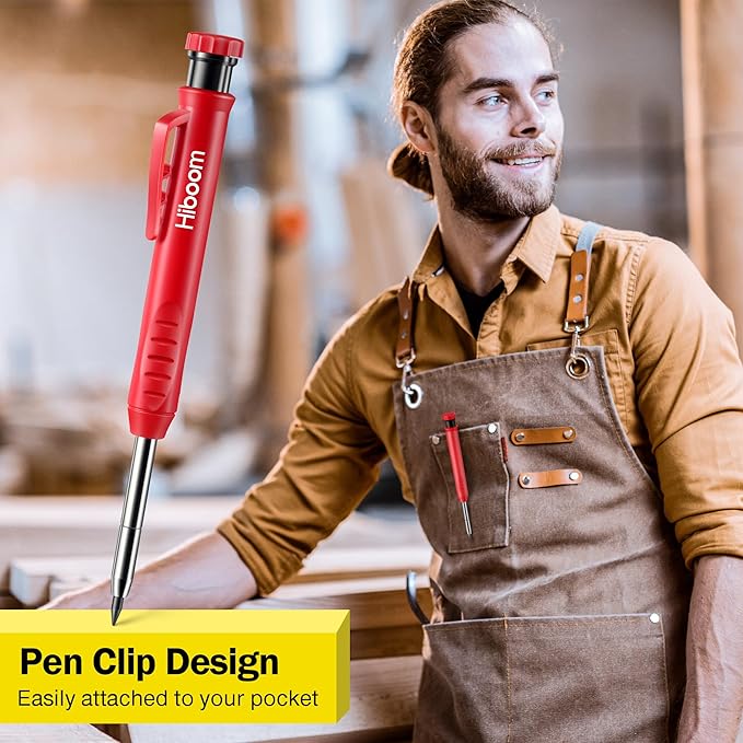 Hiboom 3 Pack Solid Carpenter Pencil with 21 Refill, Long Nosed Deep Hole Mechanical Pencil Marker with Built in Sharpener for Carpenter, Design Patent