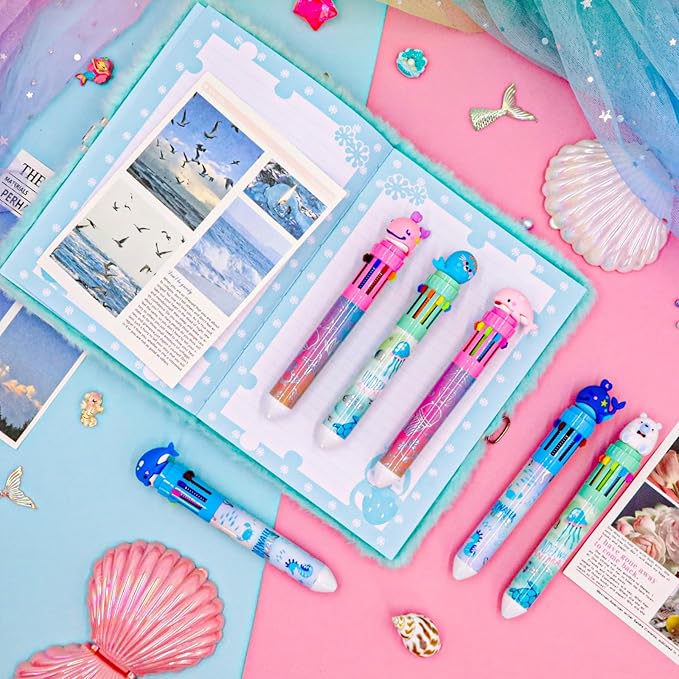 Multicolor Ballpoint Pen 0.7 mm, 10-in-1 Colored Pens Fine Point Retractable Cute Cartoon Ocean Animal Ballpoint Pens for School Supplies Students Kids Gifts, 6 Pack