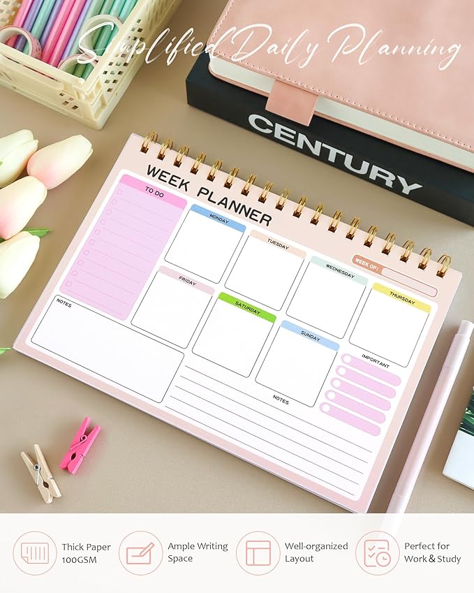 Weekly To Do List Notepad with 52 Undated Tear Off Sheets（6.5"×9.5"), Desk Notepad with Multiple Sections, Planning Notepad Calendars for Student Office and Homes