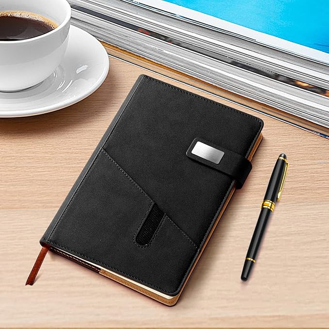 A5 Lined Leather Journal with Pen, 240 Pages Refillable Hardcover Notebook with Pocket and Magnetic Buckle, 80gsm Thick Daily Diary for Men and Women, Great Gift for Business Travel Personal - Black