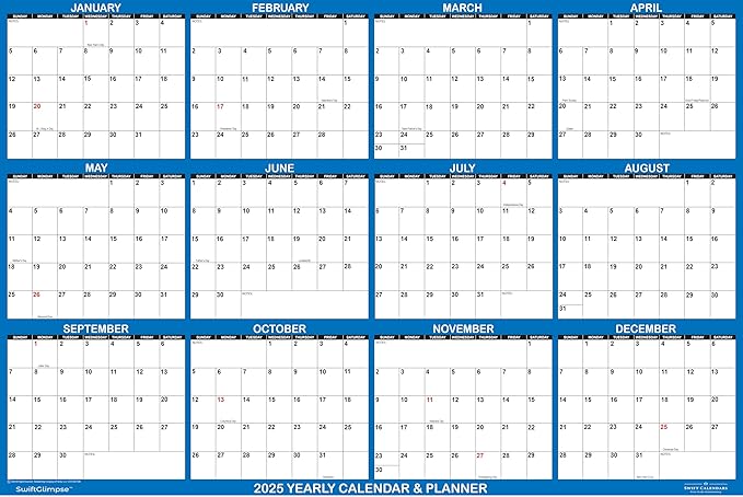 36" x 54" SwiftGlimpse 2025 Wall Calendar Erasable Large Wet & Dry Erase Laminated 12 Month Annual Yearly Wall Planner, Horizontal, Navy
