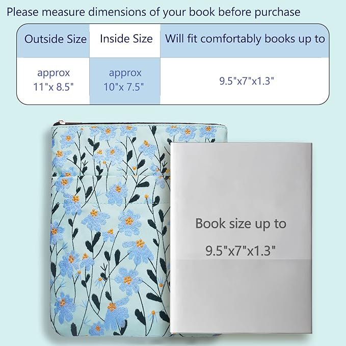 LParkin Daisy Flower Embroidery Book Sleeve with Zipper for Readers Protector Cover Gift for Book Lovers, 11x 8.5 Inch Washable Fabric, Daisy Blue
