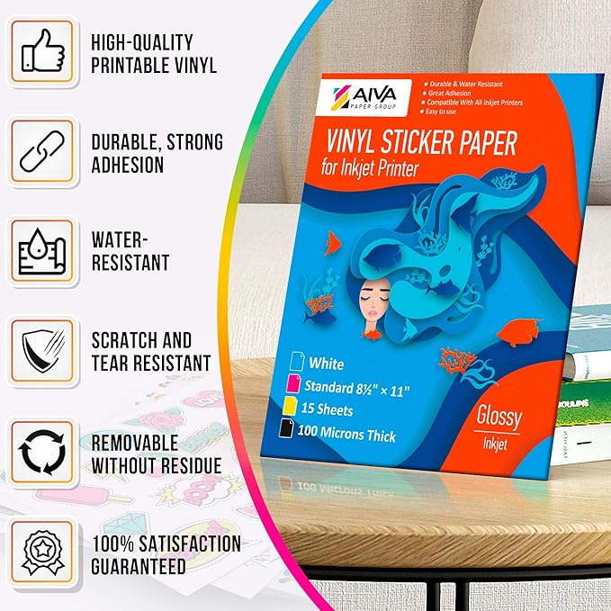 Limia's Care Printable Vinyl Sticker Paper for Inkjet Printer - Glossy White - 15 Self-Adhesive Sheets - Waterproof Decal Paper - Standard Letter Size 8.5"x11"