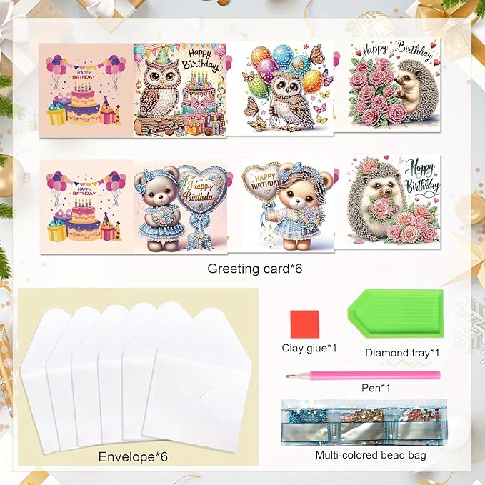 Tontut 6 Pieces Diamond Art Painted Greeting Cards, Owl Hedgehog Bear 5D DIY Special Shape Diamond Card Creative Gifts, Christmas Thanksgiving Greeting Card Congratulation