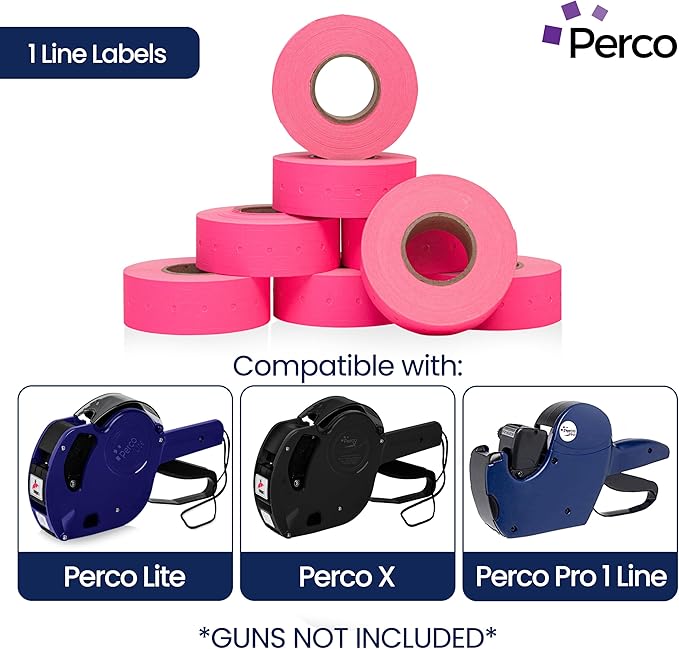 Perco 1 Line Fluorescent Pink Labels - 32 Rolls, 4 Sleeves, 32,000 Blank Price and Date Gun Labels for Perco 1 Line Price and Date Guns - Made in USA