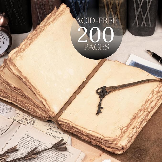 LEATHER VILLAGE Vintage Leather Journal – 200 Handmade Vintage Deckle Edge Paper – Leather bound Journal For Women Men – Vintage Key Closure - Book of Shadows - Green - 8X6 inches (A5)