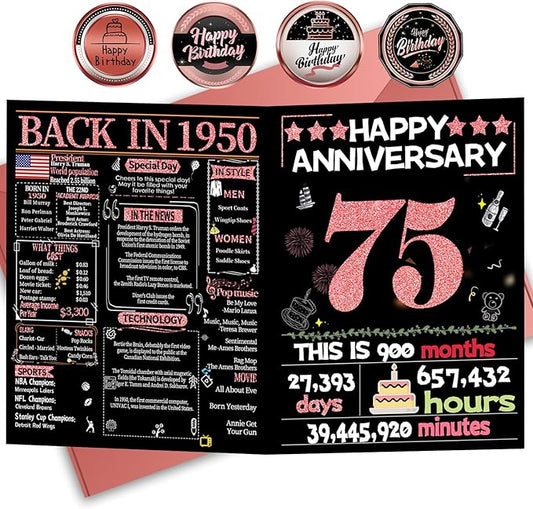 Joycard 75th Anniversary Card for Women, Wedding Card for Wife, Sweet Marriage Decorations Gifts for Couple, Perfect for Her on Anniversary Day, Back in 1950