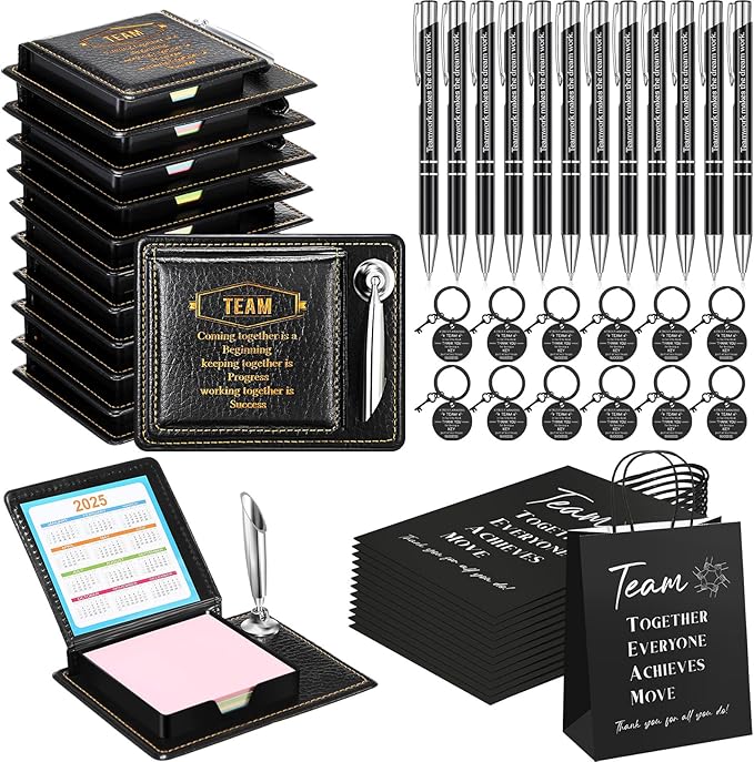 12 Set Employee Appreciation Gifts Bulk Inspirational Gifts Team Gift Bag PU Leather Notepad Holder with Pen Holder Team Keychain Ballpoint Pen Bulk Gifts for Colleagues Employees(Team)