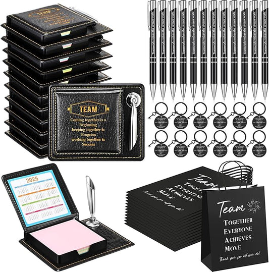 12 Set Employee Appreciation Gifts Bulk Inspirational Gifts Team Gift Bag PU Leather Notepad Holder with Pen Holder Team Keychain Ballpoint Pen Bulk Gifts for Colleagues Employees(Team)