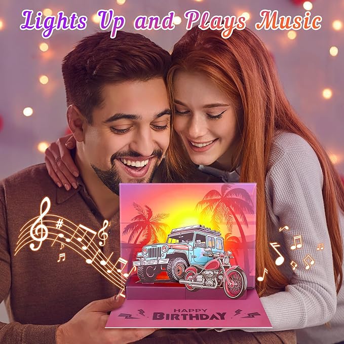 Birthday Cards, Pop-up Car LIGHTS & MUSIC Happy Birthday Card Birthday Gifts for Women Men Husband Wife Kids, Greeting Cards With Envelopes