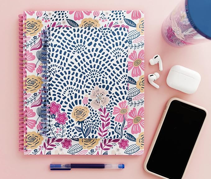 Steel Mill & Co Cute Mini Spiral Notebook, 8.25" x 6.25" Journal with Durable Hardcover and 160 Lined Pages, Mosaic Floral