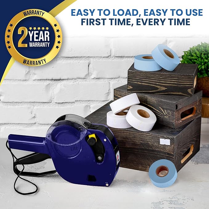 Perco Lite 1 Line Price Gun with Labels Kit - Includes 3 White Rolls, 3 Blue Rolls, 2 Ink Rollers - 1 Ink roll and Labels Pre-Loaded