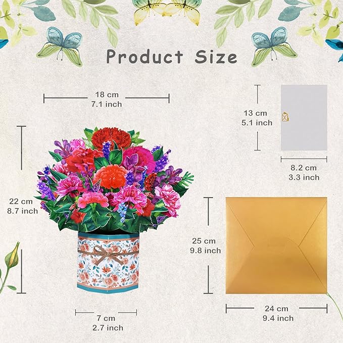 Carnation Bouquet Pop Up Card, Flower 3D Greeting Card with Envelope for Any Occasion, Birthday, Mother's Day, Anniversary, Valentines Day, Foldable Flower Cards for Mother or Loved Ones