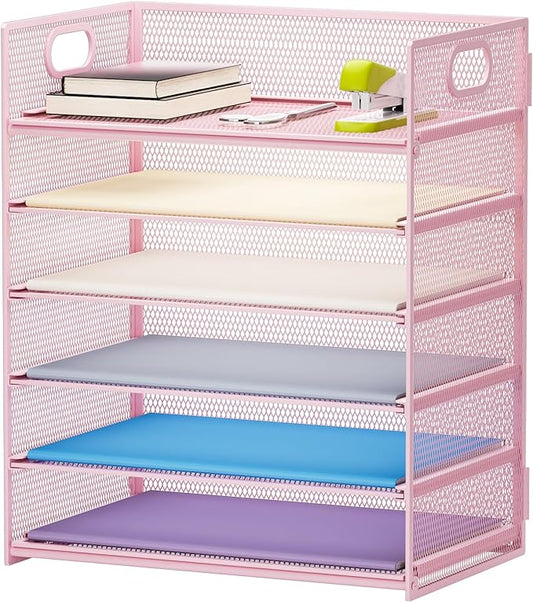 Marbrasse 6 Tier Paper Organizer Letter Tray - Mesh Desk File Organizer with Handle, Paper Sorter Organizer for Letter/A4 Office File Folder Holder - Pink