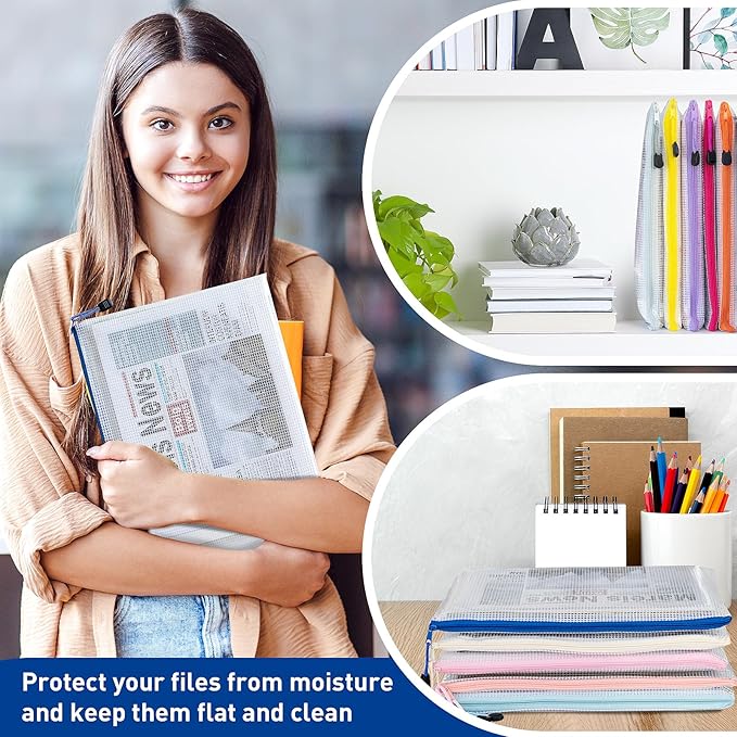 12pcs Zipper Pouch, A4 Zip Bags, 12 Colors Organization Pouches, File Bags, Clear Pouch, Plastic Zipper Bags, Reusable Zipper Pouches, Storage Bags for Toys, Paper, School Office Supplies