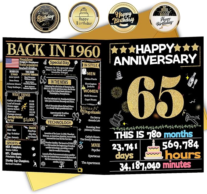Joycard 65th Anniversary Card for Women Men, Gold Wedding Card for Wife Husband, Sweet Marriage Decorations Gifts for Couple, Perfect for Her Him on Anniversary Day, Back in 1960