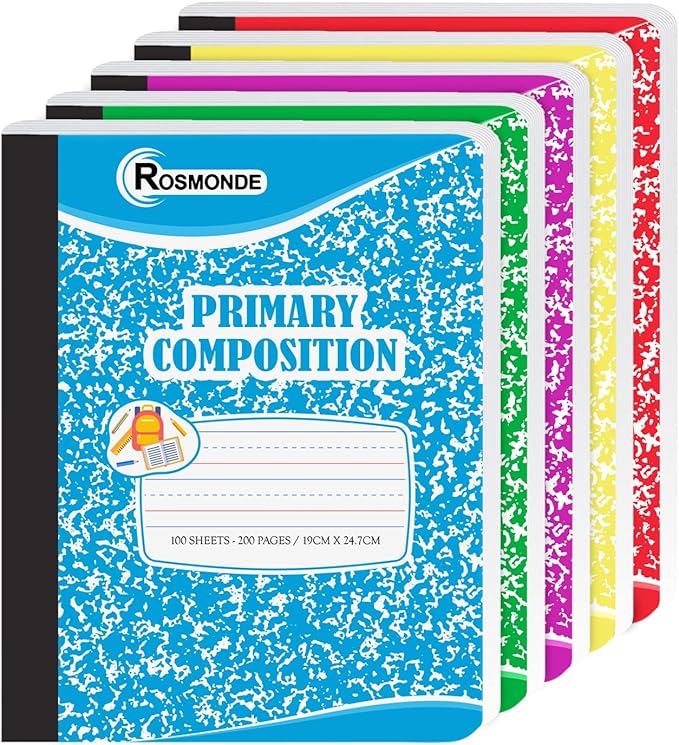 Composition Notebooks Primary Ruled 5 Pack, 200 Pages (100 Sheets), Color Marble Composition Notebook, Sewn Binding Hard Cover, Primary Composition Notebook for Kids, Writing Dotted Lined