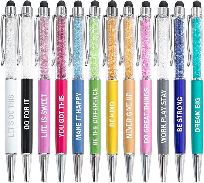 PASISIBICK 12 Pieces Crystal Stylus Employee Appreciation Pens, 2 in 1 Inspirational Greeting Motivational Ballpoint Pens for Christmas Appreciation Gift(12 Colors)