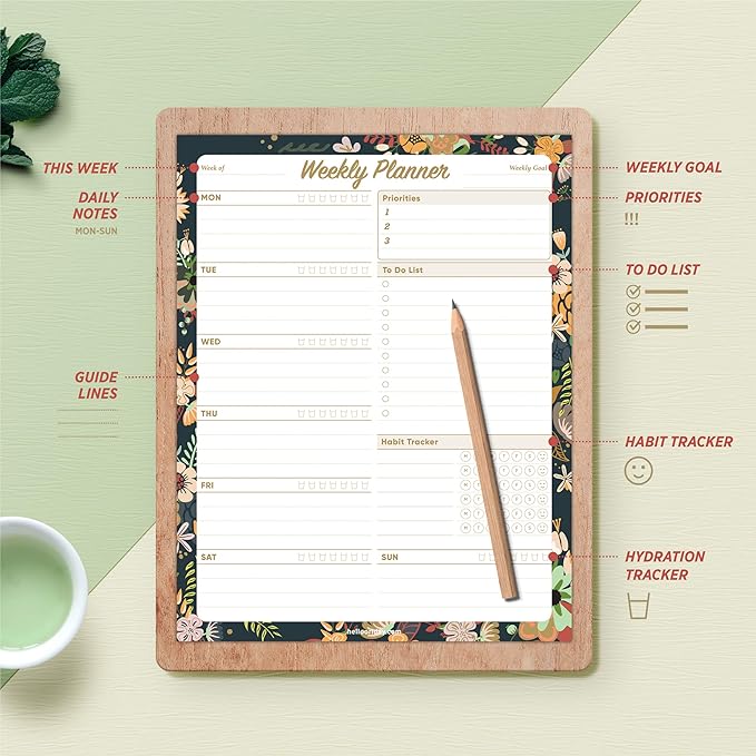 Oriday Weekly Planner Task Organizer Pad - 52 Sheets Undated Planning Tear-away Notepad (7.8" x 10" Dark Flower)