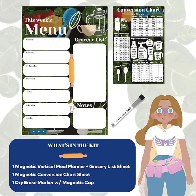 Magnetic Menu Board for Fridge 10-inch x 15-inch Smudge-Free Weekly Meal Planner Magnetic Comes With Conversion Chart and Dry Erase Marker for Dry Erase Menu Board for Fridge by Mommy Marvel