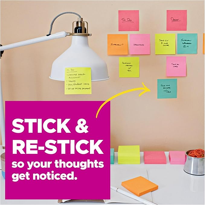Post-it Super Sticky Notes, 8 Sticky Note Pads, 1.875 x 1.875 in., Back to School Supplies for Students, Ideal for Textbooks, Notebooks, and Vertical Surfaces, Playful Primaries Collection