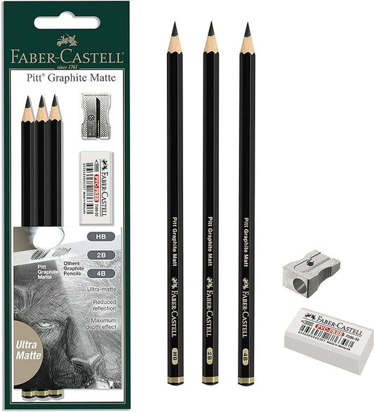 Faber-Castell 3 Count Pitt Graphite Matte Tin - HB, 2B, 4B - Matte Black Graphite Pencils