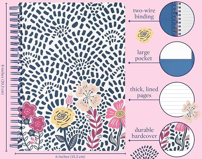 Steel Mill & Co Cute Mini Spiral Notebook, 8.25" x 6.25" Journal with Durable Hardcover and 160 Lined Pages, Mosaic Floral