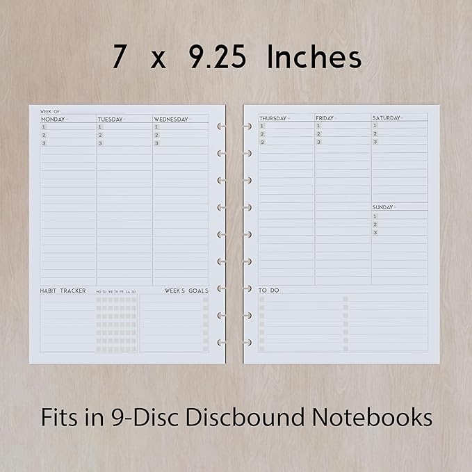 Discbound Undated Weekly Plan Paper Refill, 120 GSM, 80 Sheets/160 Pages, Happy Planner 9 Disc Pre-Punched Inserts, Loose Leaf, White, 7 inch x 9.25 Inch, To-Do, Notes, Habit Tracker, and Scheduling