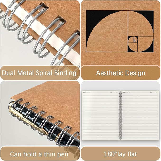 A4 Lined Spiral Notebook, 2 Pack Large Spiral Journal for Writing, 200 Pages 100gsm Thick Lined Paper Notebooks for Work, Class, Taking Notes, Drawing - Kraft Brown Cover, 8.5" x 11"