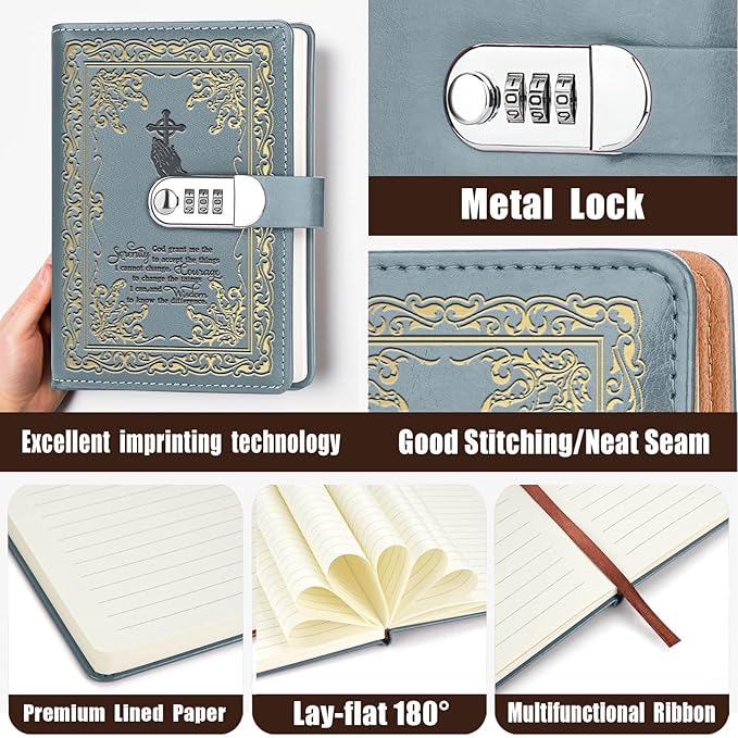 Bible Verse Gift God Grant Me The Serenity to Accept The Things A5 Locking Leather Journal Christian Gift Refillable Writing Notebook with Lock Password (God Prayer-Grey)