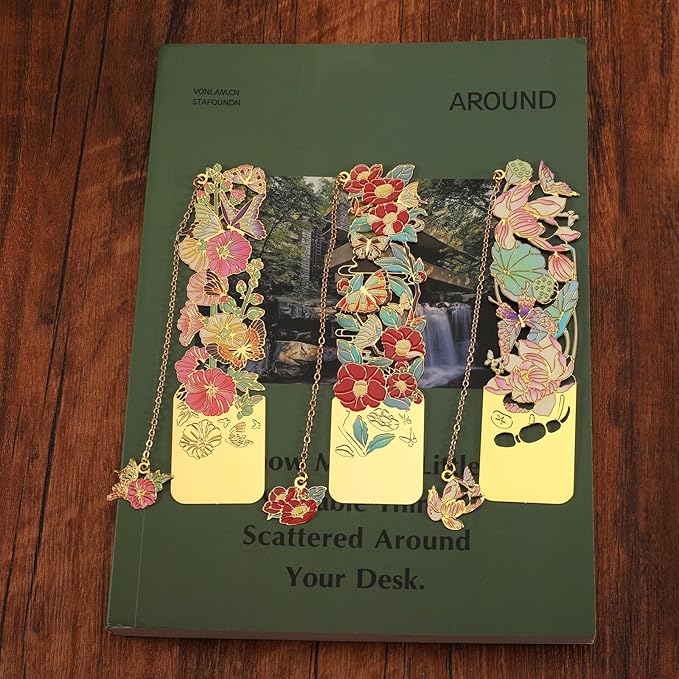 3 PCS Metal Bookmarks, Bookmarks for Reading Women, Pretty Bookmarks for Women, Beautiful Metal Bookmark, Beautiful Flower Bookmark, Lotus, Hollyhock, Camellia (BKM-050-002)