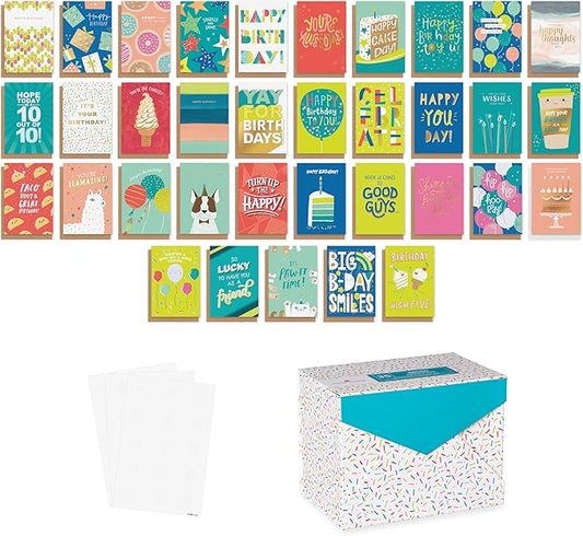 American Greetings 35-Count Birthday Card Assortment with Envelopes, Seals, and Storage Box (Confetti)