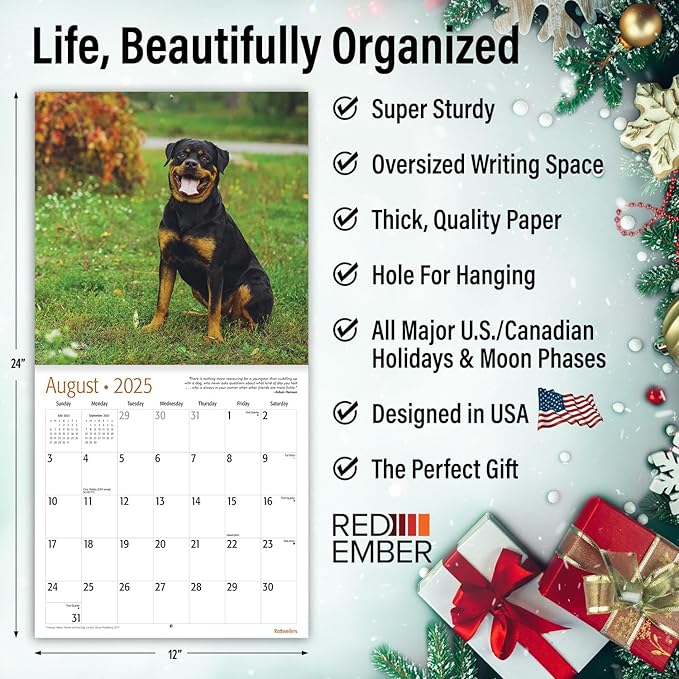 RED EMBER Rottweilers 2025 Wall Calendar 12 Month | 12" x 24" Open | Thick & Sturdy Paper | Giftable | Calendar 2025