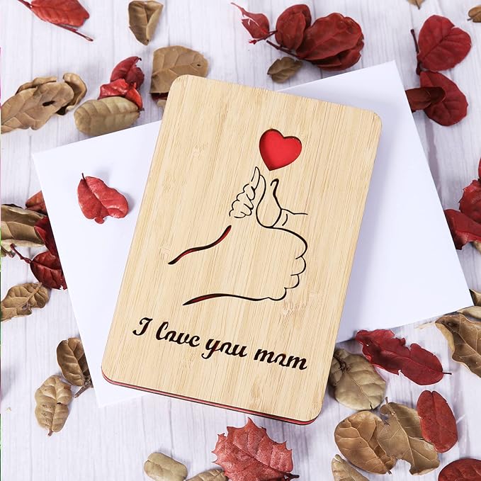 Wood Christmas Greeting Card for Mom,I Love You Mom Birthday Card,Handmade Bamboo Gift for Mom/Her/Wife