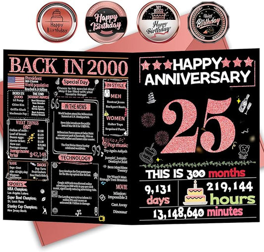 Joycard 25th Anniversary Card for Women, Silver Wedding Card for Wife, Sweet Marriage Decorations Gifts for Couple, Perfect for Her on Anniversary Day, Back in 2000