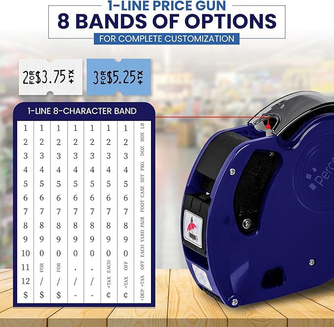 Perco Lite 1 Line Price Gun with Labels Kit - Includes 3 White Rolls, 3 Blue Rolls, 2 Ink Rollers - 1 Ink roll and Labels Pre-Loaded