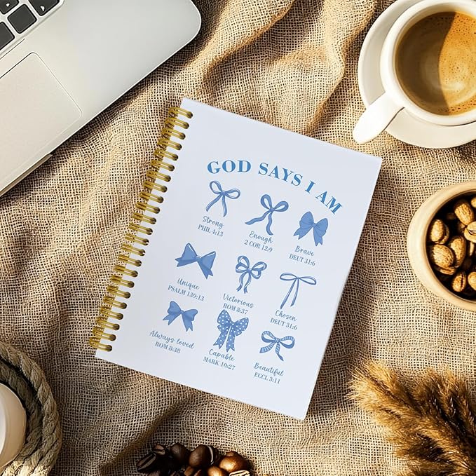 Coquette Blue Bows Bible Notebook,Aesthetic Composition Notebook, God Says I Am Christian Scripture Prayer Journal for Women, Positive Hardcover Spiral Notebooks College Ruled 5.5 x 8.3 (Blue)