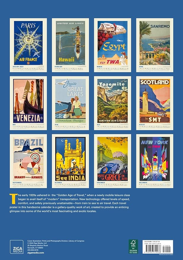 Travel the World Oversize Wall Calendar 2025, 13.38'' x 19'' Spiral Bound with Hanger