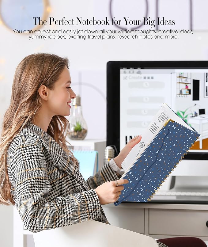 Cute Spiral Notebook Journal for Women, 160 Pages Lined Notebooks 5.75” x 8.38”, A5 Hardcover Spiral Journals with 100 GSM Thick Paper, College Ruled Notebook for Writing Work School, Navy Dots