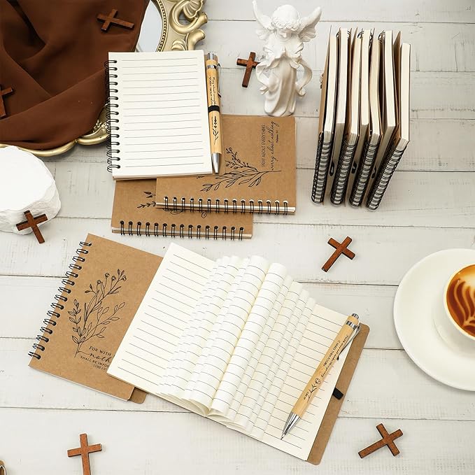 20 Pcs Bible Verse Spiral Notebook with Bamboo Christian Ballpoint Pens Aesthetic Religious Notepads Inspirational Journals Easter Christian Gifts for Women Men Office (Classic Style)